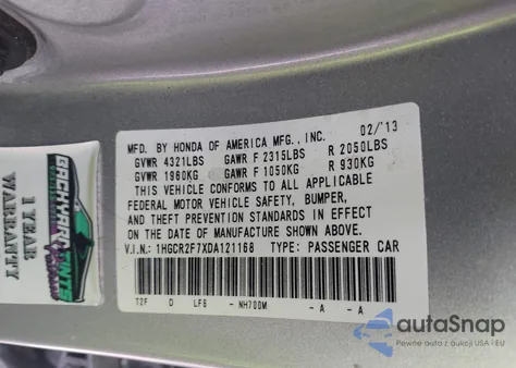 2013 Honda Accord Ex from USA, damaged, VIN 1HGCR2F7XDA121168